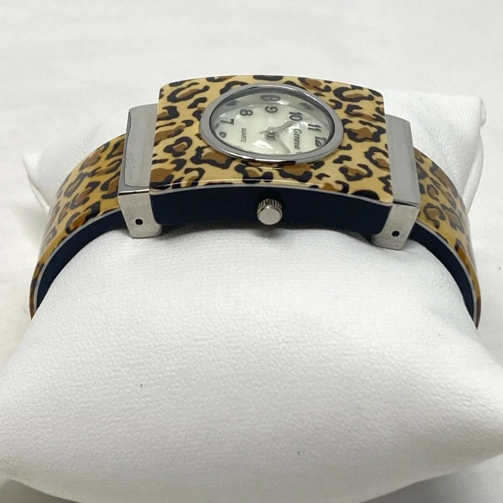 Geneva Womens Watch Leopard Print Silver Tone Cuff MOP New Battery SMALL 5.75